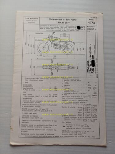 Malaguti 50 GAM 35 Cavalcone 1973 scheda omologazione DGM Facsimile …