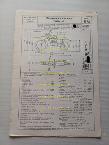 Malaguti 50 GAM 35 Cavalcone 1973 scheda omologazione DGM Facsimile …