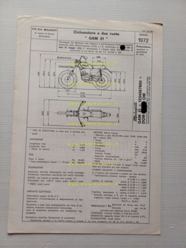 Malaguti 50 Hombre GAM 31 1972 scheda omologazione DGM Facsimile …