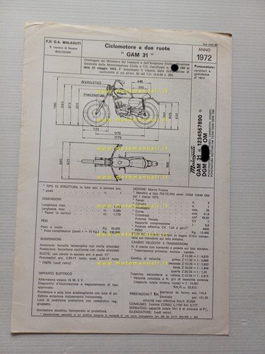 Malaguti 50 Hombre GAM 31 1972 scheda omologazione DGM Facsimile …