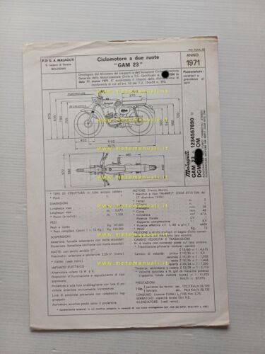 Malaguti 50 Prisma GAM 23 1971 scheda omologazione DGM Facsimile …