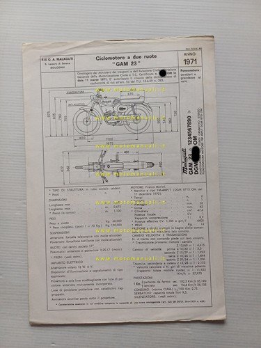 Malaguti 50 Prisma GAM 23 1971 scheda omologazione DGM Facsimile …