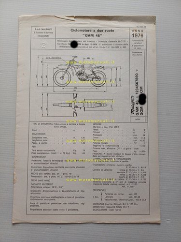 Malaguti 50 RONCO 21 GAM 46 1976 scheda omologazione DGM …