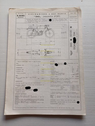 Malanca 50 Sport 3M 1969 Facsimile originale scheda omologazione DGM …