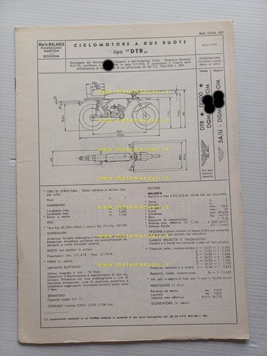 Malanca 50 Testarossa 5m DTR 1974 scheda omologazione DGM Motorizzaz. …