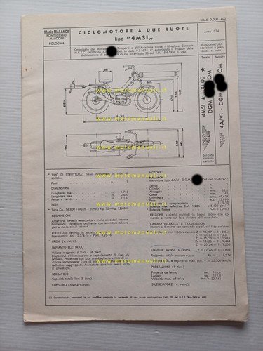 Malanca 50 Tigre 4MSI 1974 scheda omologazione DGM Motorizzazione Facsimile