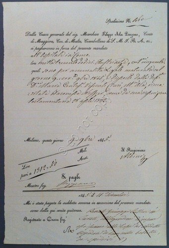 Mandato di Pagamento quietanzato - Marchese Filippo Ala Ponzone - … | Immagine principale