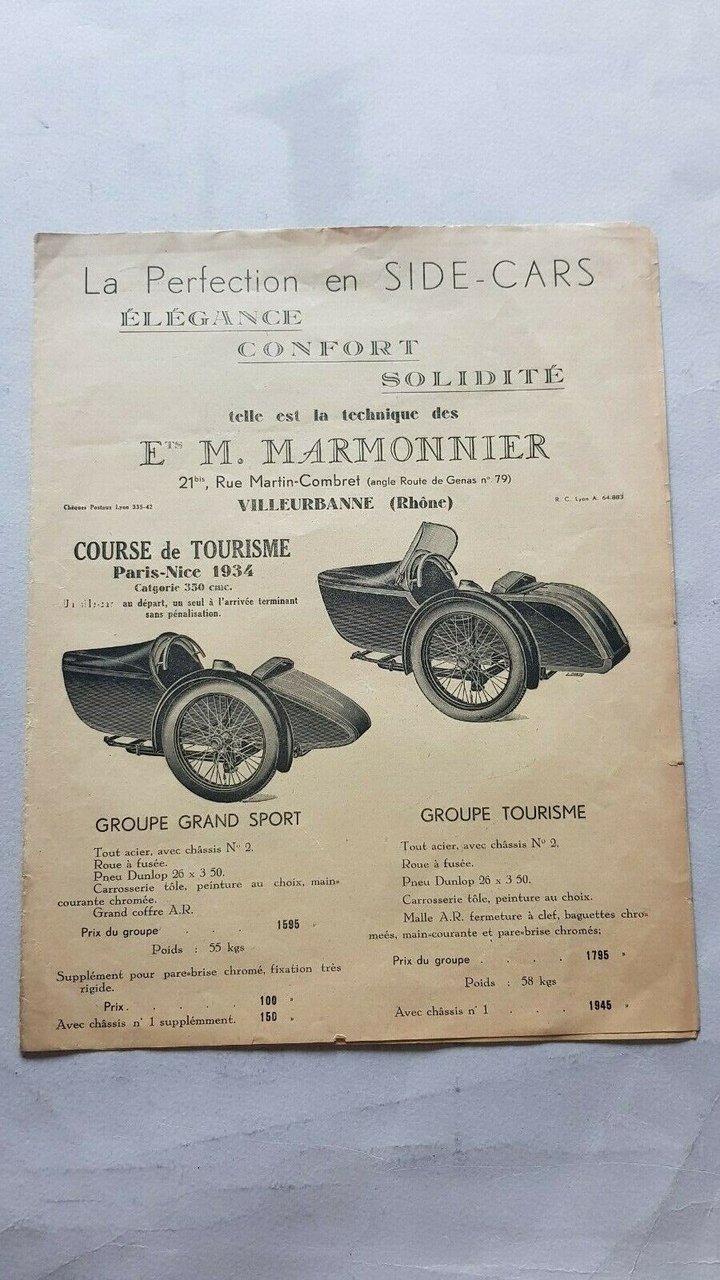Marmonnier produzione Sidecar 1934 depliant anteguerra originale brochure