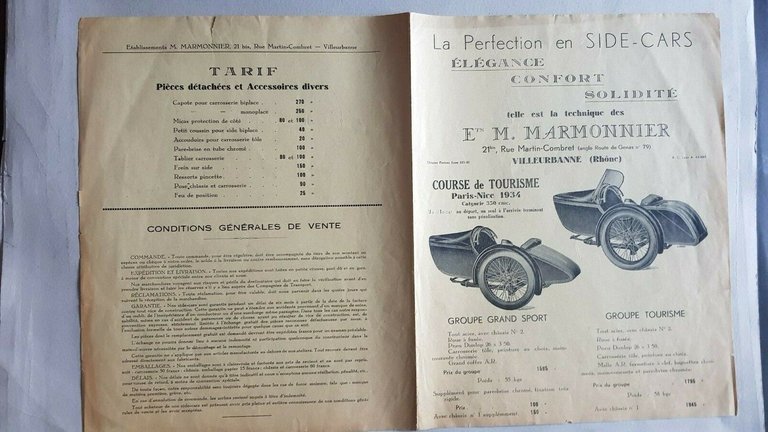 Marmonnier produzione Sidecar 1934 depliant anteguerra originale brochure