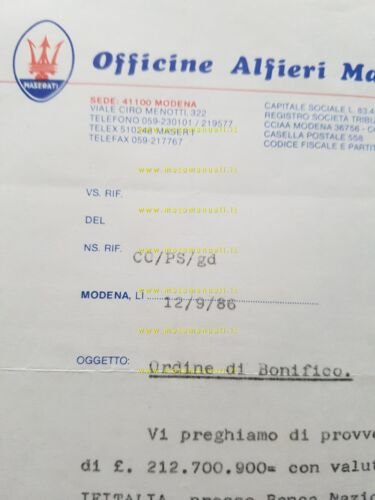 Maserati ordine bonifico a Zagato 1986 su carta intestata originale …