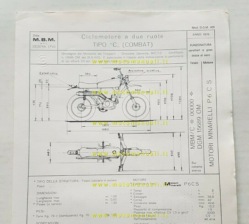 MBM Combat 50 1976 scheda omologazione DGM originale Motorizzazione