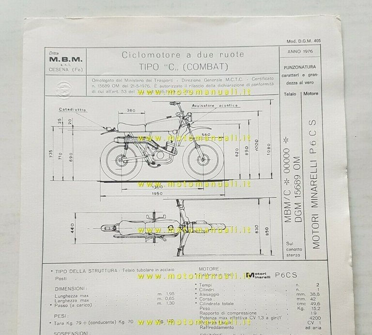 MBM Combat 50 1976 scheda omologazione DGM originale Motorizzazione