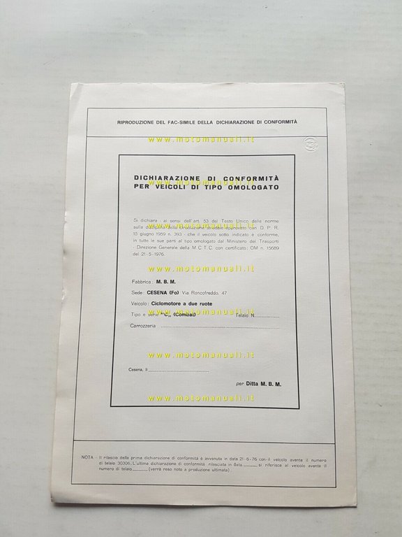 MBM Combat 50 1976 scheda omologazione DGM originale Motorizzazione