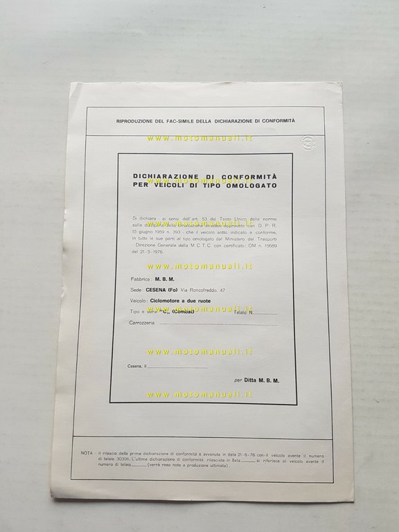 MBM Combat 50 1976 scheda omologazione DGM originale Motorizzazione