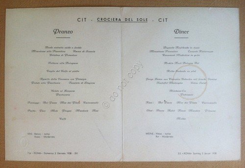 Menù - Piroscafo Roma - Pranzo del 2 Gennaio 1938 …