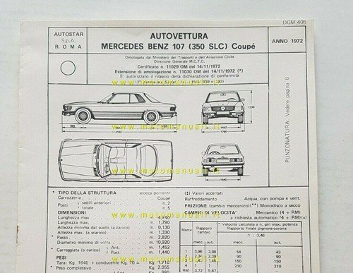 Mercedes 350 SLC Coupè 1972 scheda omologazione DGM originale Motorizzazione