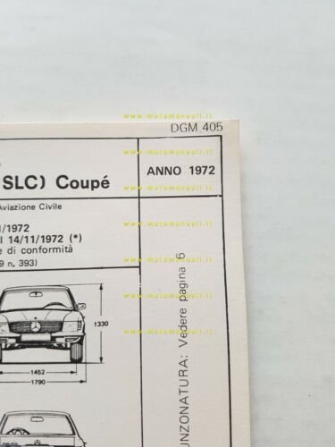 Mercedes 350 SLC Coupè 1972 scheda omologazione DGM originale Motorizzazione