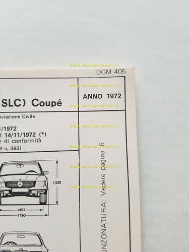 Mercedes 350 SLC Coupè 1972 scheda omologazione DGM originale Motorizzazione