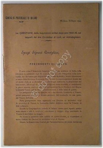 Milano - Relazione - Perequazione Requisizione Militari - Febbraio 1895