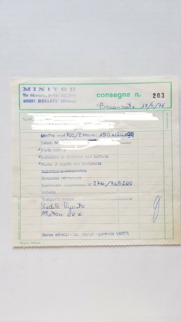 Mini Tre Motocarro 700 1976 bolla di consegna originale no …