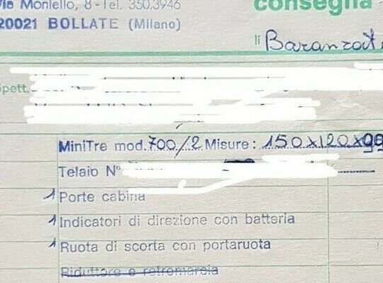 Mini Tre Motocarro 700 1976 bolla di consegna originale no …
