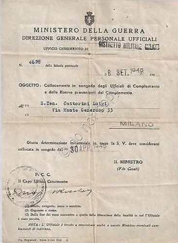 Ministero della Guerra - Foglio di Congedo Ufficiali di Complemento …