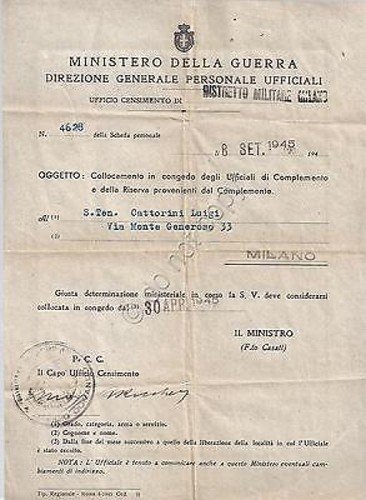 Ministero della Guerra - Foglio di Congedo Ufficiali di Complemento …