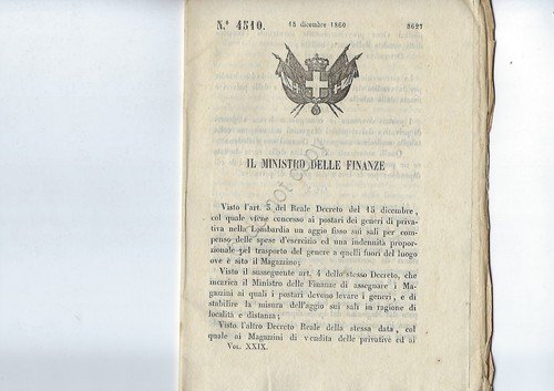 Ministero delle Finanze 1860 Magazzini in Lombardia vendita sali e … | Immagine principale