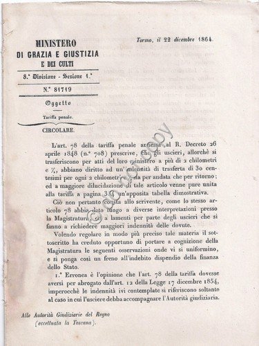 Ministero Grazie e Guistizia e de culti 1864 - Circolare …