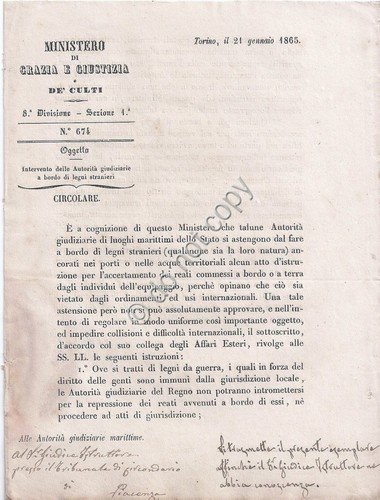 Ministero Grazie e Guistizia e de culti 1864 - Franchigia …