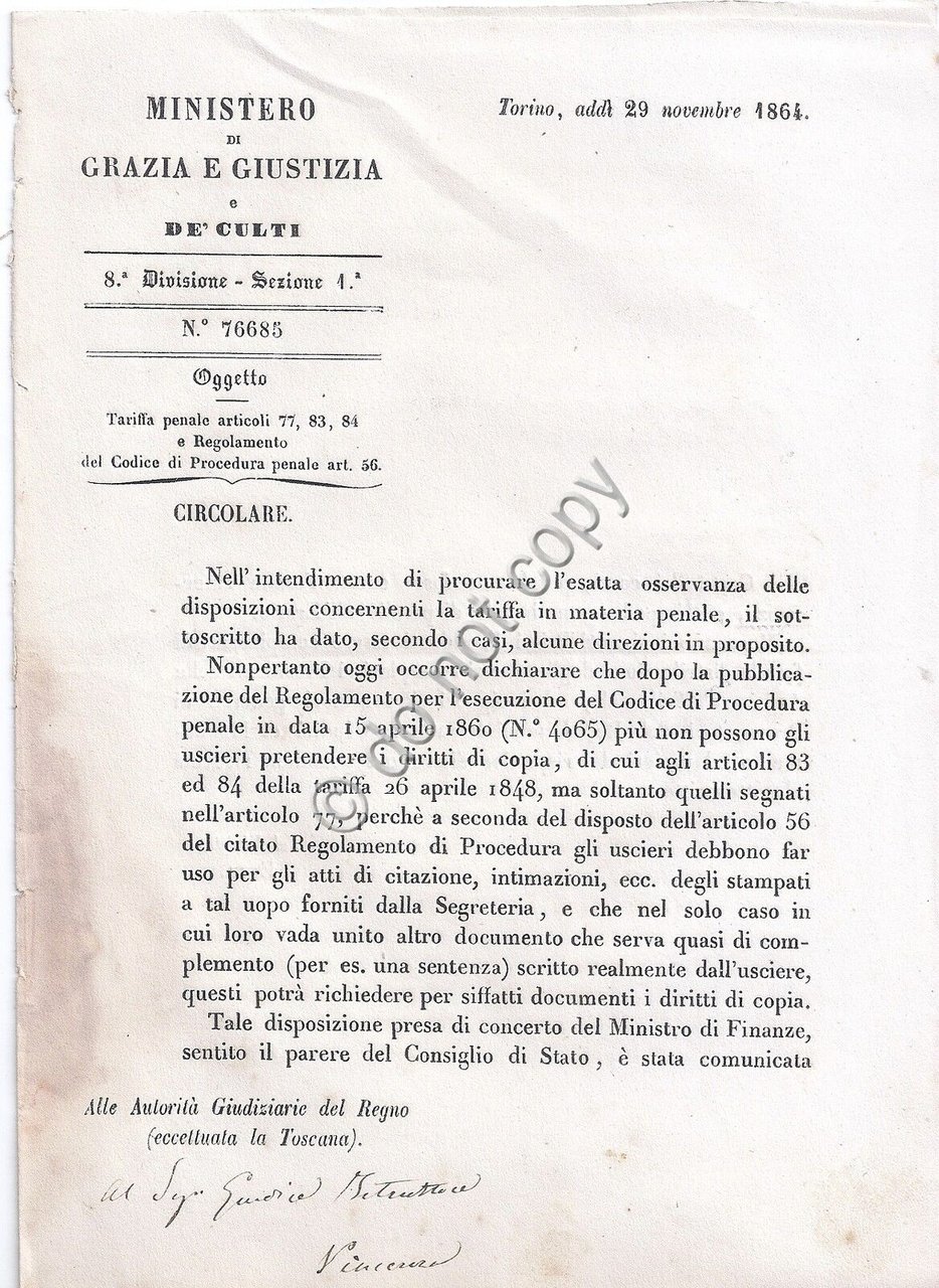 Ministero Grazie e Guistizia e de culti 1865 - Circolare …