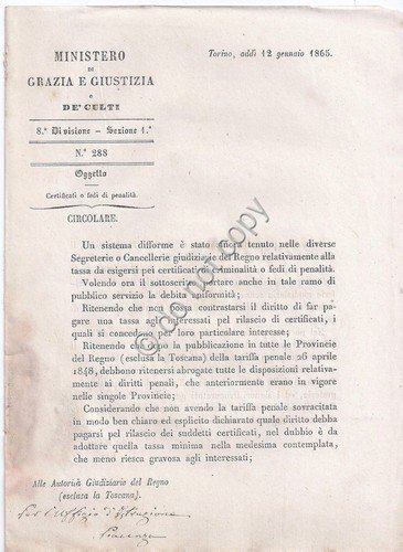 Ministero Grazie e Guistizia e de culti 1865 - Circolare … | Immagine principale