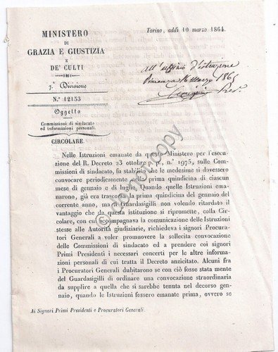 Ministero Grazie e Guistizie e de culti 1864 - Circolare …
