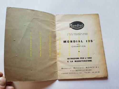 Mondial 125 Champion 1958 manuale uso 7a Ediz. ORIGINALE moto …