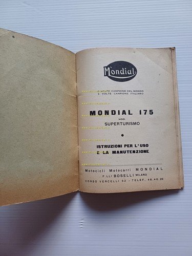 Mondial 175 Superturismo 1958 manuale uso manutenzione libretto originale