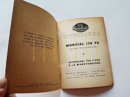 Mondial 175 TV 1956 manuale uso 3a Ediz. ORIGINALE libretto …