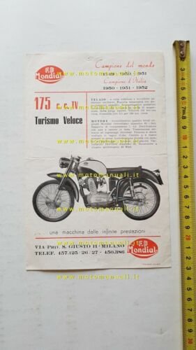 Mondial 175 TV Turismo Veloce 1956 depliant ITALIANO originale brochure