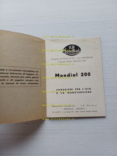 Mondial 200 1954 manuale uso manutenzione libretto istruzioni italiano originale