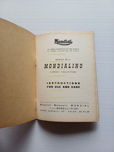 Mondial Mondialino 50 3 V 1958 manuale uso manutenzione originale …