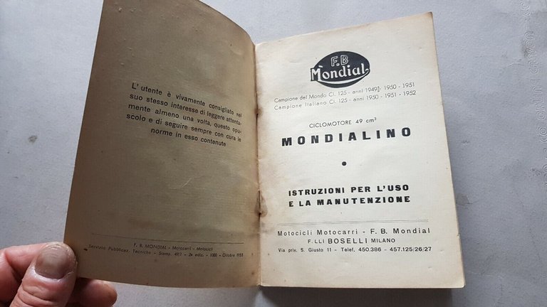 Mondialino 49 1955 manuale uso manutenzione libretto originale moto owner …