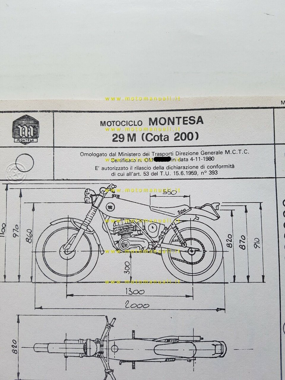 Montesa Cota trial 200 1980 scheda omologazione DGM originale Motorizzazione