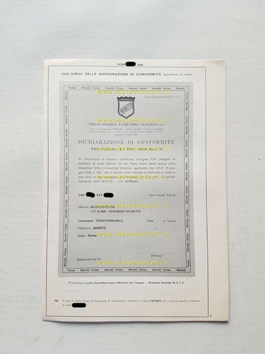 Moretti Fiat 127 A Midimaxi 1974 agg.1977 scheda omologazione DGM …