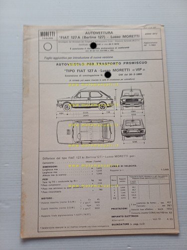 Moretti Fiat 127 Lusso 1971 agg.1980 scheda omologazione DGM Motorizz. …