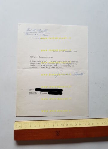 Moto Benelli 1953 documento carta intestata e firma autografa Giovanni …