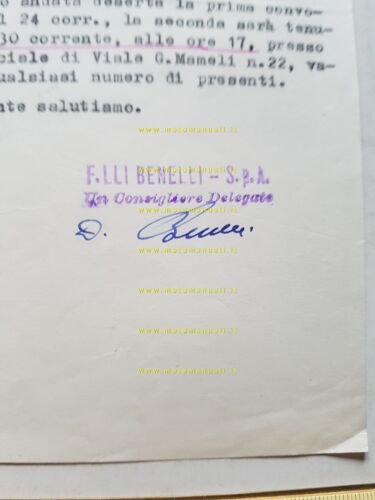 Moto Benelli 1955 documento carta intestata e firma autografa Domenico …