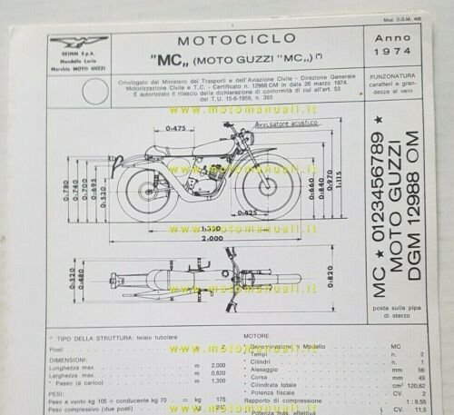 Moto Guzzi 125 Tuttoterreno 1974 scheda omologazione DGM originale