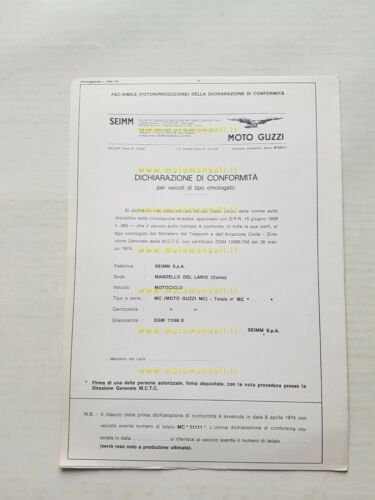 Moto Guzzi 125 Tuttoterreno 1974 scheda omologazione DGM originale