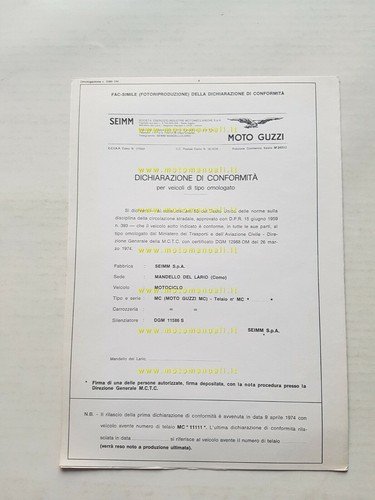 Moto Guzzi 125 Tuttoterreno 1974 scheda omologazione DGM originale