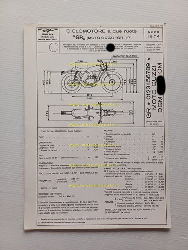 Moto Guzzi 50 Cross 1974 scheda omologazione DGM Motorizzazione Facsimile
