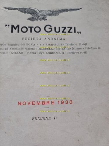 Moto Guzzi 500 Mototelaio E-R motocarro 1938 catalogo ricambi originale